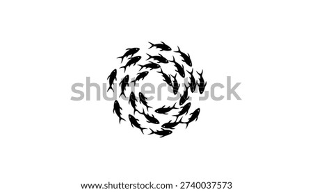 Top-down view of black fish silhouettes forming a circular vortex. This minimalist illustration represents concepts like teamwork, unity, and the natural cycle of life.