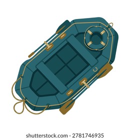 Top-down view of a blue inflatable dinghy equipped with oars and a lifebuoy, ready for water activities.