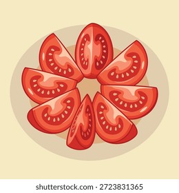 Uma vista de cima para baixo de fatias de tomate vermelho brilhante dispostas em um padrão circular em uma placa de cor clara, exibindo sua textura suculenta e sementes.