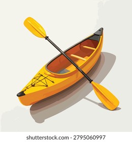 A top-down view of a bright yellow kayak featuring a double-bladed paddle placed diagonally across it, designed for water recreation and adventure sports.