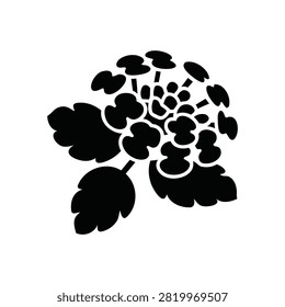 Top-down view of a clustered flower head in black silhouette, featuring detailed petals and textured leaves. Suitable for spring-themed graphics and nature logos.