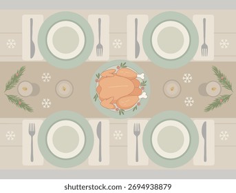 A top-down view of an elegantly set table with plates, cutlery, a turkey, and festive decor on a table runner.