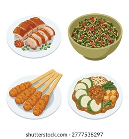 A top-down view of four distinct Indonesian dishes, including Balinese ceremonial foods babi guling slices, lawar mix, sate lilit sticks, and tipat cantok