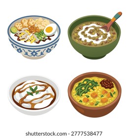 A top-down view of four Indonesian rice porridges and congees including bubur ayam bowl, bubur kacang hijau, bubur sumsum drizzle, and tinutuan veggie mix.