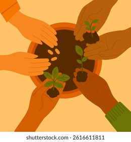 Top-down view of four multicultural hands planting seeds and seedlings in a shared pot. A symbol of unity, growth, inclusivity, and environmental care in a warm, retro-naive style.