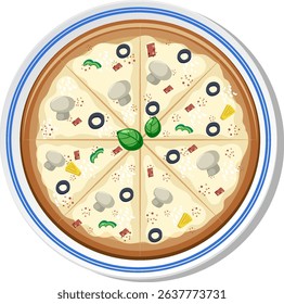 Top-down view of a gourmet pizza with mushrooms, olives, and herbs. Clean vector style with vibrant colors and balanced composition