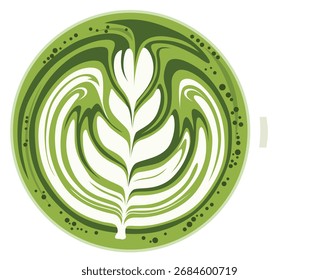 Draufsicht auf eine grüne Matcha Latte mit Latte Art in einer weißen Tasse.