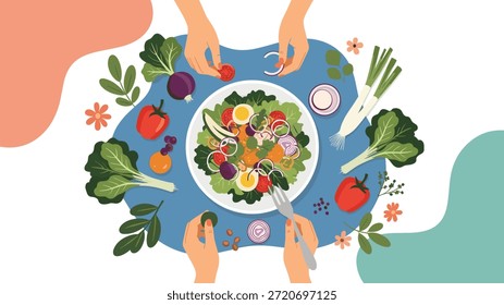 Top-down view of hands preparing a fresh and healthy salad in a bowl with various colorful vegetables and ingredients.