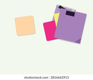 A topdown view illustration featuring colorful stacked office folders paper documents and a single blank peachcolored sticky note arranged on a clean lightcolored background