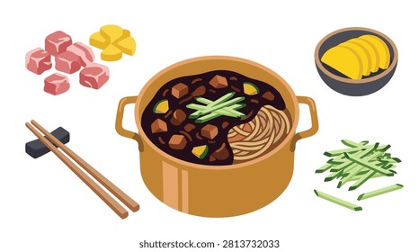 A top-down view of Jajangmyeon, a popular Korean noodle dish, with its ingredients and the finished dish in a pot.
