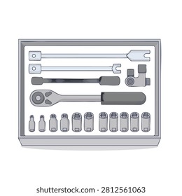 A top-down view of a mechanical tool kit containing a ratchet, extensions, and a collection of various sized sockets organized in a grey case.