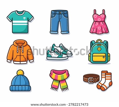 Top-down view of neatly arranged casual clothing, shoes, backpack, and accessories in vibrant colors for school or travel use.