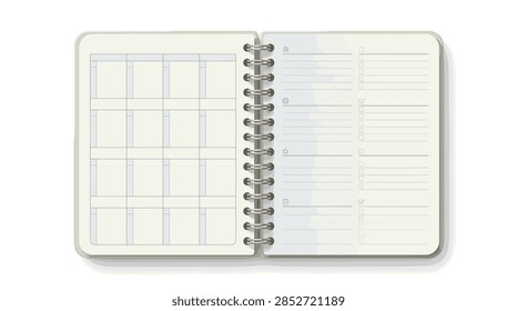 A top-down view of an open cream-colored spiral notebook. The left page features a blank grid layout for scheduling or calendar planning. The right page includes several sections with lines and square checkboxes for tasks, accompanied by small minimalist icons like a gear and star. The notebook has a silver-tone metal double spiral binding and is set against a plain white background with soft shadows.