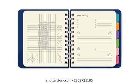 A top-down view of an open dark blue spiral-bound daily planner or journal. The left page features a detailed habit tracker grid with checkboxes and a line graph illustration. The right page is titled 'goal setting' and includes sections for bullet points, star icons, mountain graphics, and lined areas for notes. The notebook has a gold-tone metal spiral and multi-colored index tabs along the right edge, set against a clean white background.