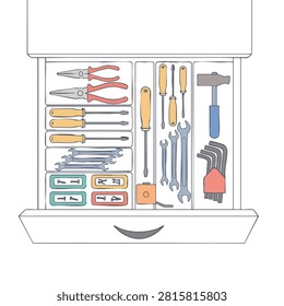 A top-down view of an open drawer containing organized hand tools including screwdrivers, wrenches, pliers, a hammer, and measuring tape in individual compartments.