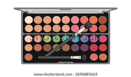 A top-down view of an open makeup palette featuring a wide array of colorful eyeshadows and two application brushes.