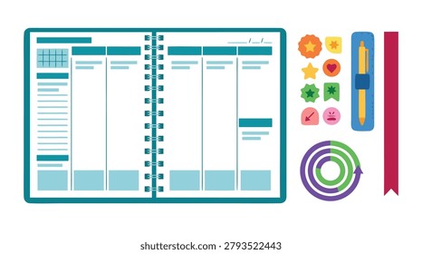 A top-down view of an open weekly planner with various stationery items like stickers, a bookmark, and a ribbon.