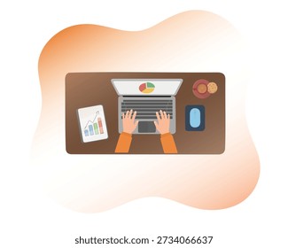 Top-down view of person working on laptop with pie chart, tablet showing bar graph, coffee cup and cookie. Bright modern style conveys focus, productivity, and data analysis themes