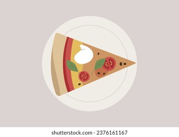 A top-down view of a pizza slice topped with creamy burrata, savory tomato sauce, and fresh basil leaves, representing a delicious fast-food meal