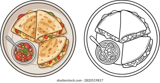 A top-down view of a plate containing chicken quesadillas and a bowl of fresh pico de gallo salsa, shown in both full color and black and white line art styles.