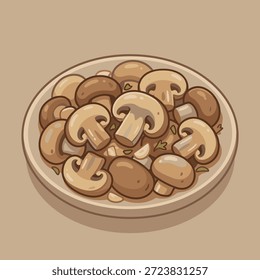 Eine Draufsicht auf einen Teller, der mit verschiedenen Pilzen gefüllt ist, einige in Scheiben geschnitten und einige ganz, in einem einfachen, illustrativen Stil präsentiert.