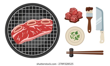 A top-down view of raw beef ribs on a grill, alongside a basting brush, knife, dipping sauce, and chopsticks.