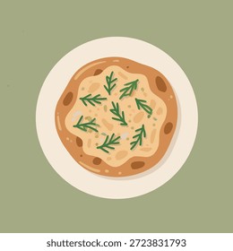 Una vista de arriba hacia abajo de una pizza redonda cubierta con queso y hierbas verdes, servida en un plato blanco contra un fondo verde apagado.