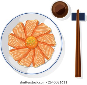 Top-down view of salmon sashimi arranged in a circular pattern with soy sauce and chopsticks. Clean lines and vibrant colors