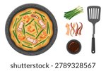 A top-down view of a savory seafood pancake, complete with shrimp, squid, and green onions, served with a side of dipping sauce and a spatula.