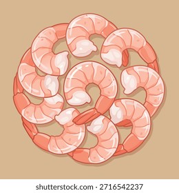 A top-down view of several cooked shrimp arranged in a circular formation on a plain background.