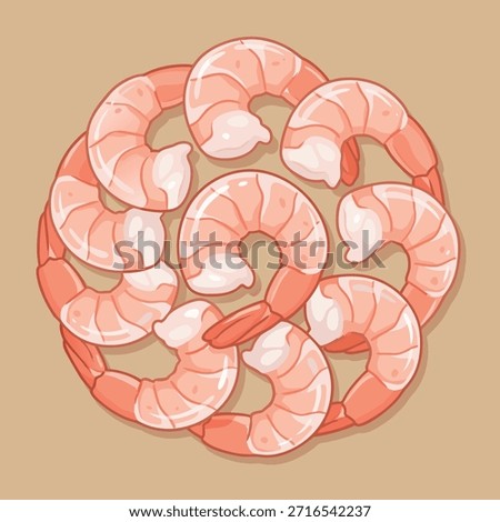 A top-down view of several cooked shrimp arranged in a circular formation on a plain background.