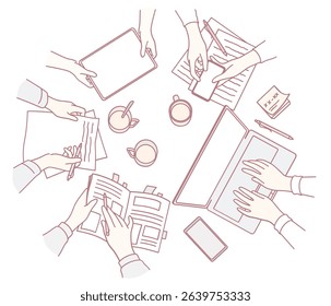 A topdown view shows diverse hands using various devices, illustrating teamwork in a modern workspace