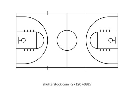Vista de arriba hacia abajo de un diagrama simplificado en blanco y negro de una cancha de baloncesto con marcas y líneas clave.