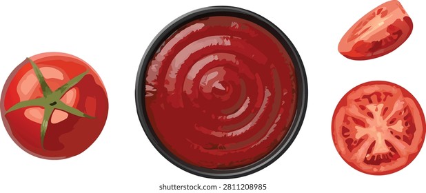 Top-down view of a small black bowl filled with rich tomato sauce, flanked by a whole tomato and sliced tomato halves against a neutral, white background.