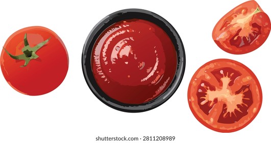Top-down view of a small black bowl filled with rich tomato sauce, flanked by a whole tomato and sliced tomato halves against a neutral, white background.