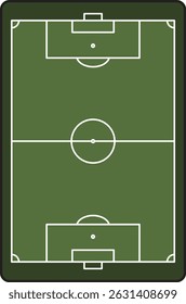 Top-down view of a soccer field diagram with marked lines for goals, penalty areas, and center circle. Ideal for strategy, coaching, or sports illustrations.