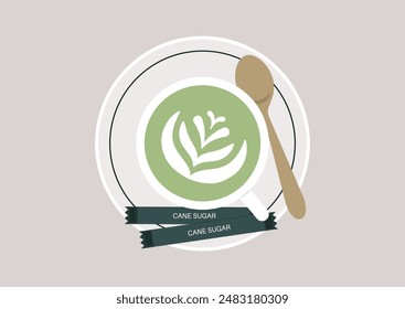 A top-down view of a steaming cup of matcha latte with a delicate leaf design, presented on a saucer with a metal spoon