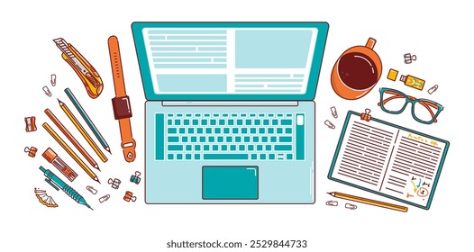 A top-down view of a student s workspace showcasing an e-learning and education theme, featuring a laptop, books, perfect for a university banner or study related visuals
