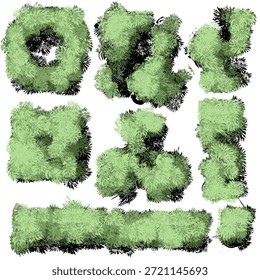 Draufsicht auf stilisierte grüne Sträucher und Gartenhecken, die in geometrischen und organischen Clustern angeordnet sind. Diese Kollektion verfügt über weiche Beleuchtung, realistische Schatten und einen sauberen Gitterhintergrund, sodass sie perfekt für die architektonische Landschaftsplanung, das Design der Spielumgebung und die Visualisierung städtischer Gärten geeignet ist. Die üppigen Texturen und vielfältigen Formen bieten ein vielseitiges Potenzial für strukturierte Außenräume.