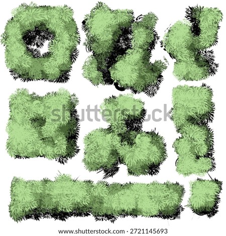 top-down view of stylized green shrubbery and garden hedges arranged in geometric and organic clusters. This collection features soft lighting, realistic shadows, and a clean grid background, making it perfect for landscape architectural planning, game environment design , and urban gardening visualization. The lush textures and varied shapes offer a versatile asset for creating structured outdoor spaces.