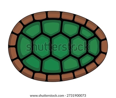 A top-down view of a stylized turtle shell, featuring a green hexagonal pattern surrounded by a brown, segmented border. The shell is oval-shaped and isolated on a white background.