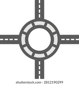 A top-down view of a symmetrical roundabout intersection is depicted. A central circular island is surrounded by multiple gray lanes, indicated by white dashed lines. Four roads, each with two lanes marked by white dashed lines, connect to the roundabout from the north, south, east, and west. The entire is presented on a clean white background, representing a common traffic management system and the concept of flow and connection.