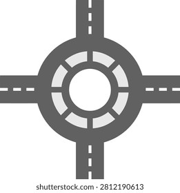 A top-down view of a symmetrical roundabout intersection is depicted. A central circular island is surrounded by multiple gray lanes, indicated by white dashed lines. Four roads, each with two lanes marked by white dashed lines, connect to the roundabout from the north, south, east, and west. The entire is presented on a clean white background, representing a common traffic management system and the concept of flow and connection.