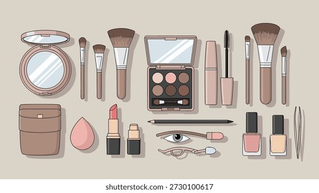 Vista de arriba hacia abajo de varios productos de maquillaje y belleza ordenados cuidadosamente, incluyendo una paleta de sombras de ojos, pinceles, lápiz labial, rímel y esmalte de uñas.