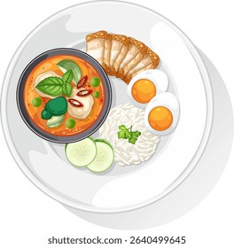Top-down view of a vibrant Asian meal with curry, rice, eggs, and garnish. Clean lines and bright colors enhance appeal