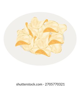 Una vista de arriba hacia abajo de un plato ovalado blanco lleno de bocadillos dorados y crujientes, representados en un estilo limpio e ilustrativo. con detalles intrincados. con detalles intrincados.