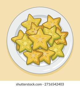 Una vista de arriba hacia abajo de un plato blanco lleno de muchas rodajas de fruta de estrella.