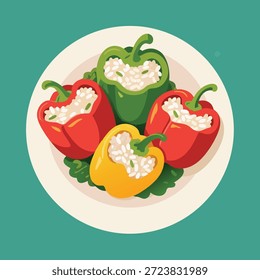 Von oben nach unten auf eine weiße Platte, die mit vier bunten gefüllten Paprika gefüllt ist, darunter rote, gelbe und grüne Sorten, die auf einem Bett aus grünem Salat serviert werden.