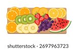 A top-down view of a wooden serving tray filled with sliced oranges, kiwi, melon, strawberries, grapes, and watermelon wedges. A healthy and delicious snack illustration.