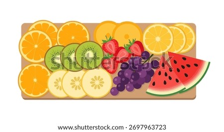 A top-down view of a wooden serving tray filled with sliced oranges, kiwi, melon, strawberries, grapes, and watermelon wedges. A healthy and delicious snack illustration.